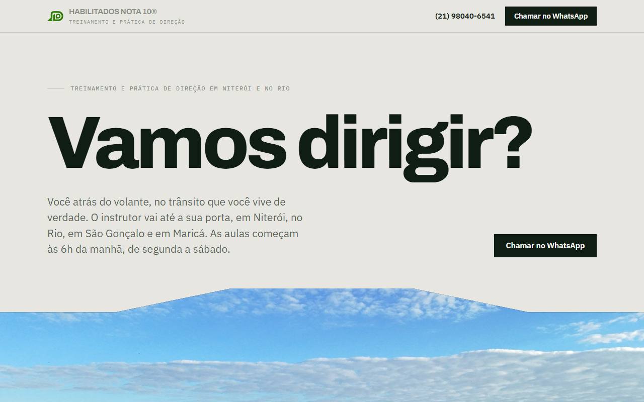 Site da Habilitados Nota 10, treinamento de direção em Niterói, criado pela Alta7