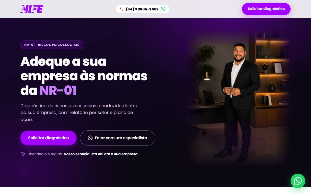 Site da NIFE Treinamentos, segurança do trabalho em Uberlândia, criado pela Alta7