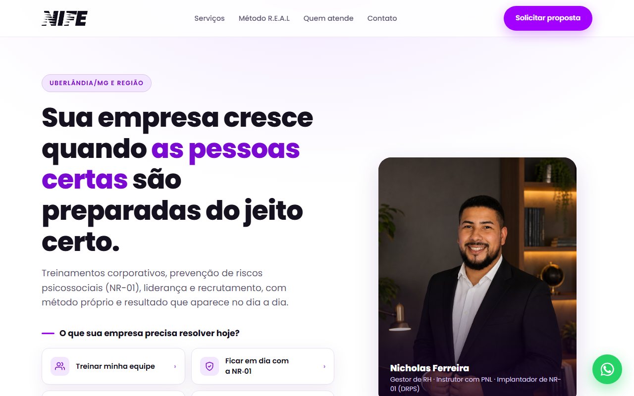 Site da NIFE Treinamentos e Prevenção Corporativa, criado pela Alta7